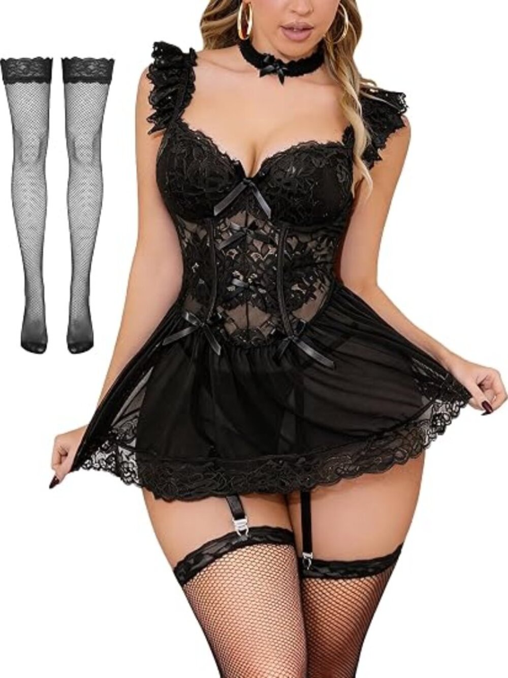 Sexy Underwired Lingerie for Women Stockings Choker Thong Color Black